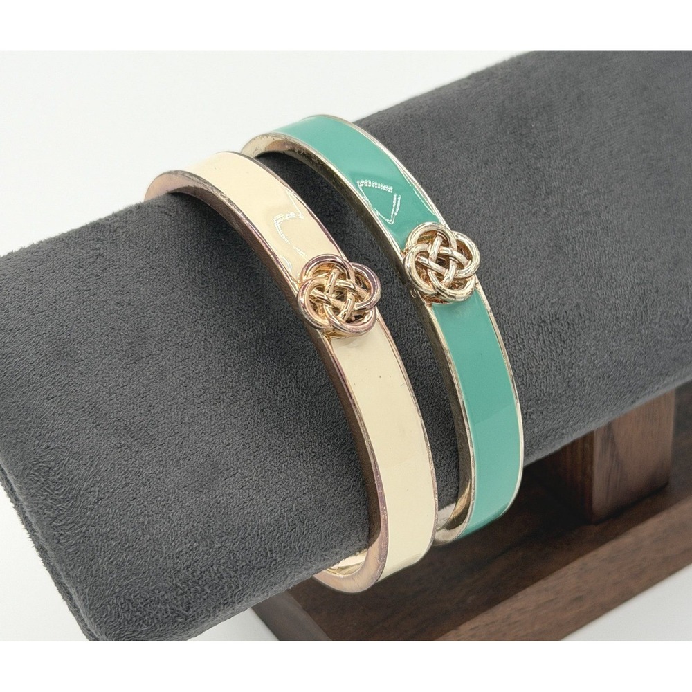 Stella & Dot Enamel Knot Hinged Bangle Bracelets Lot of 2 Turquoise Cream Signed